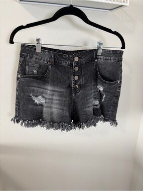Distressed Black Denim Cutoff Shorts with Frayed Hem